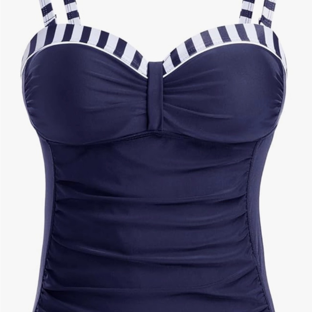 #356 Talisea Navy Blue 2 Piece Classy Striped Women's Swimsuit - Picture 3 of 10